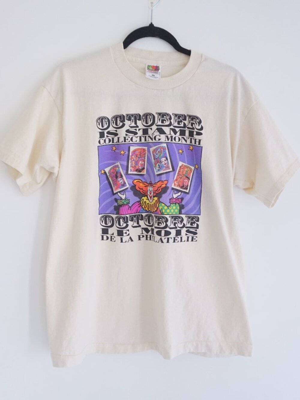 Vintage 90s Fruit of the Loom Cream October Stamp Collecting Single Stitch XL